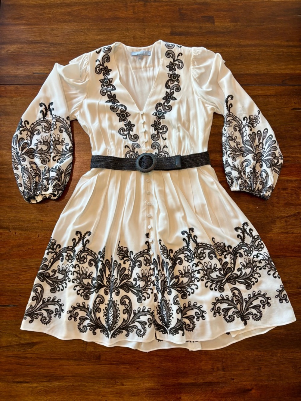 ANTONIO MELANI White V-Neck Dress with Black Embroidery